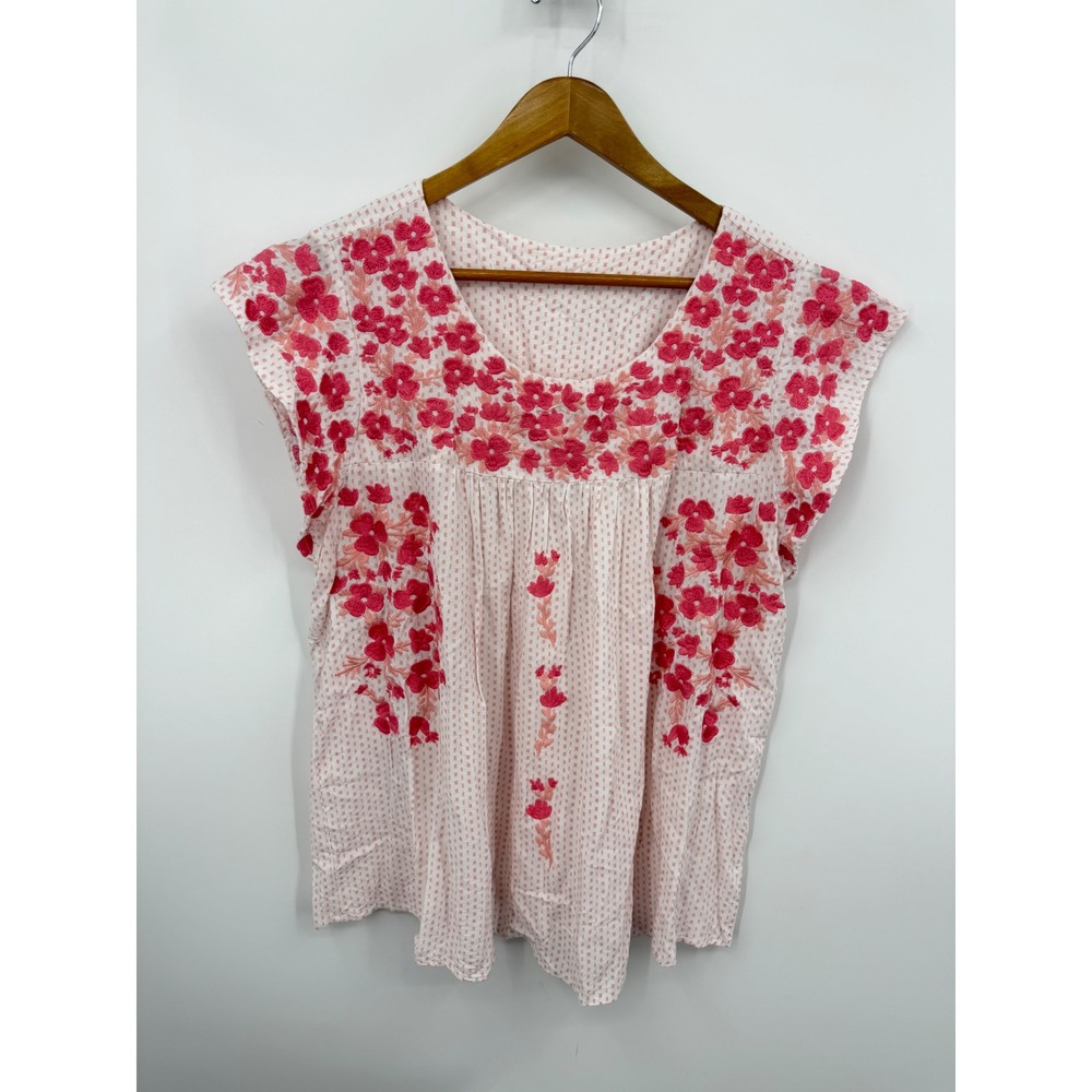 Savanna Jane Floral Embroidered Blouse Women 2X Pink Red Boho Flutter Sleeve Top